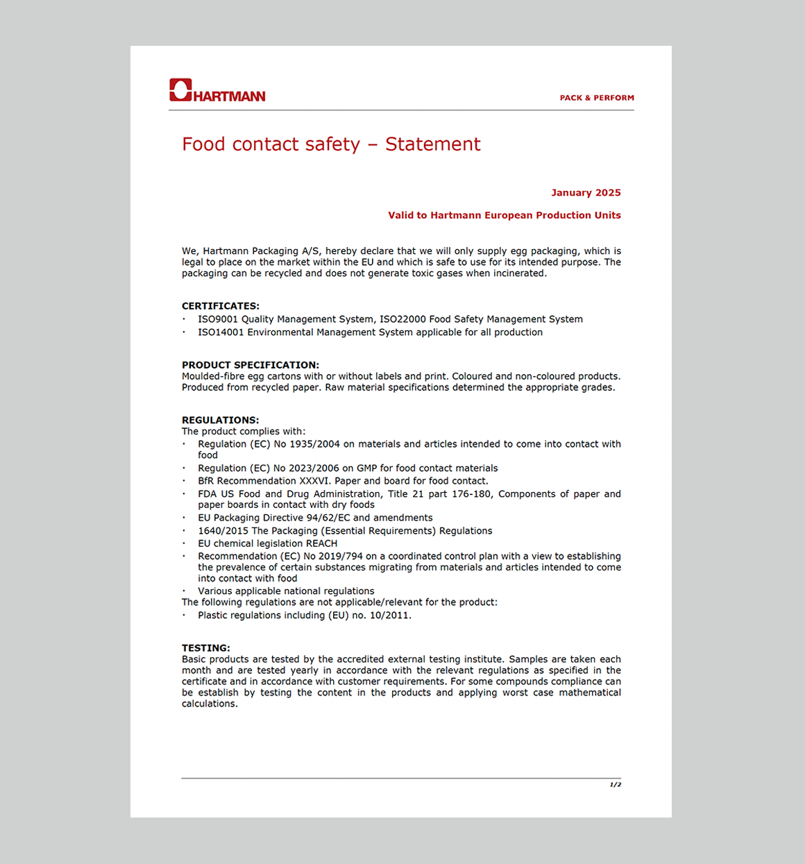 Hartmann food contact safety statement 2025