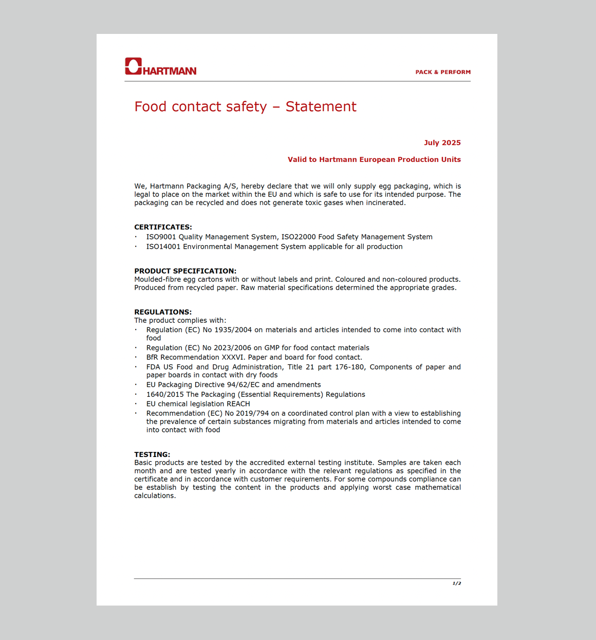 Hartmann food contact safety statement 2025