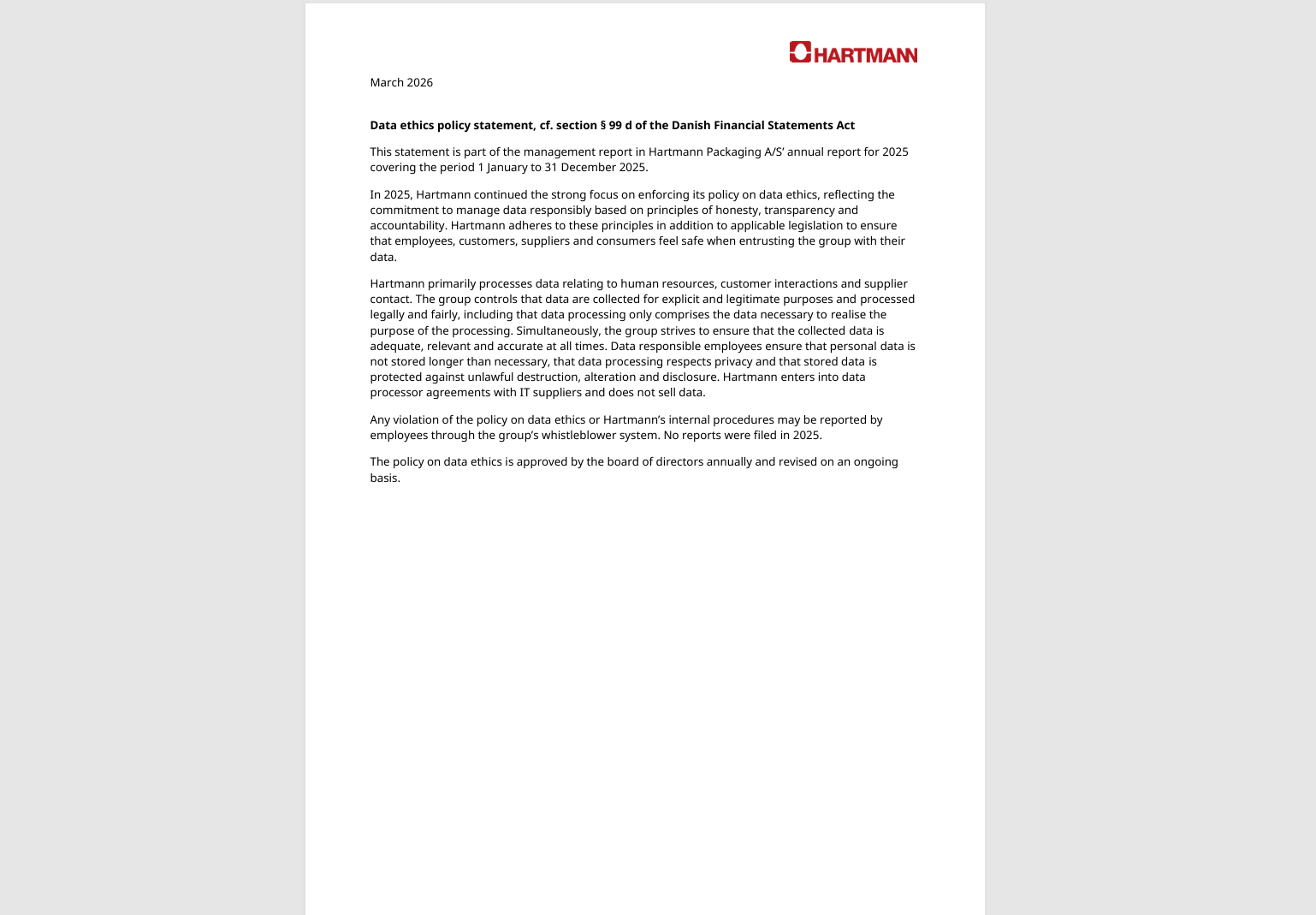 Statutory data ethics policy statement 2026