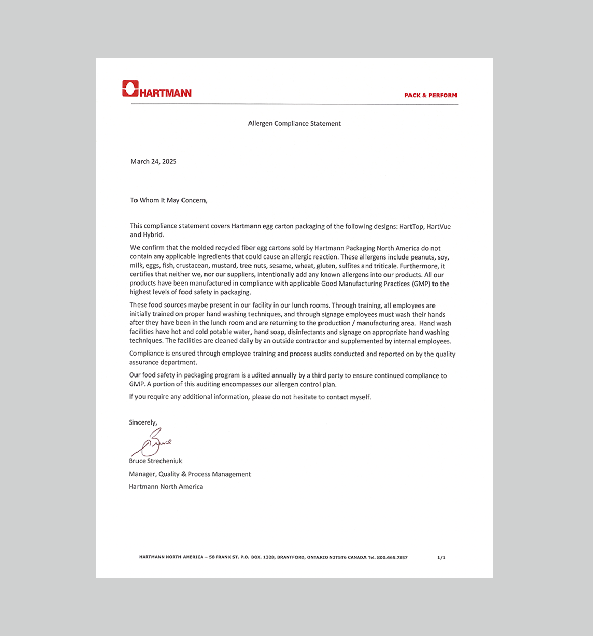 Standard Allergen Compliance Letter (2025)