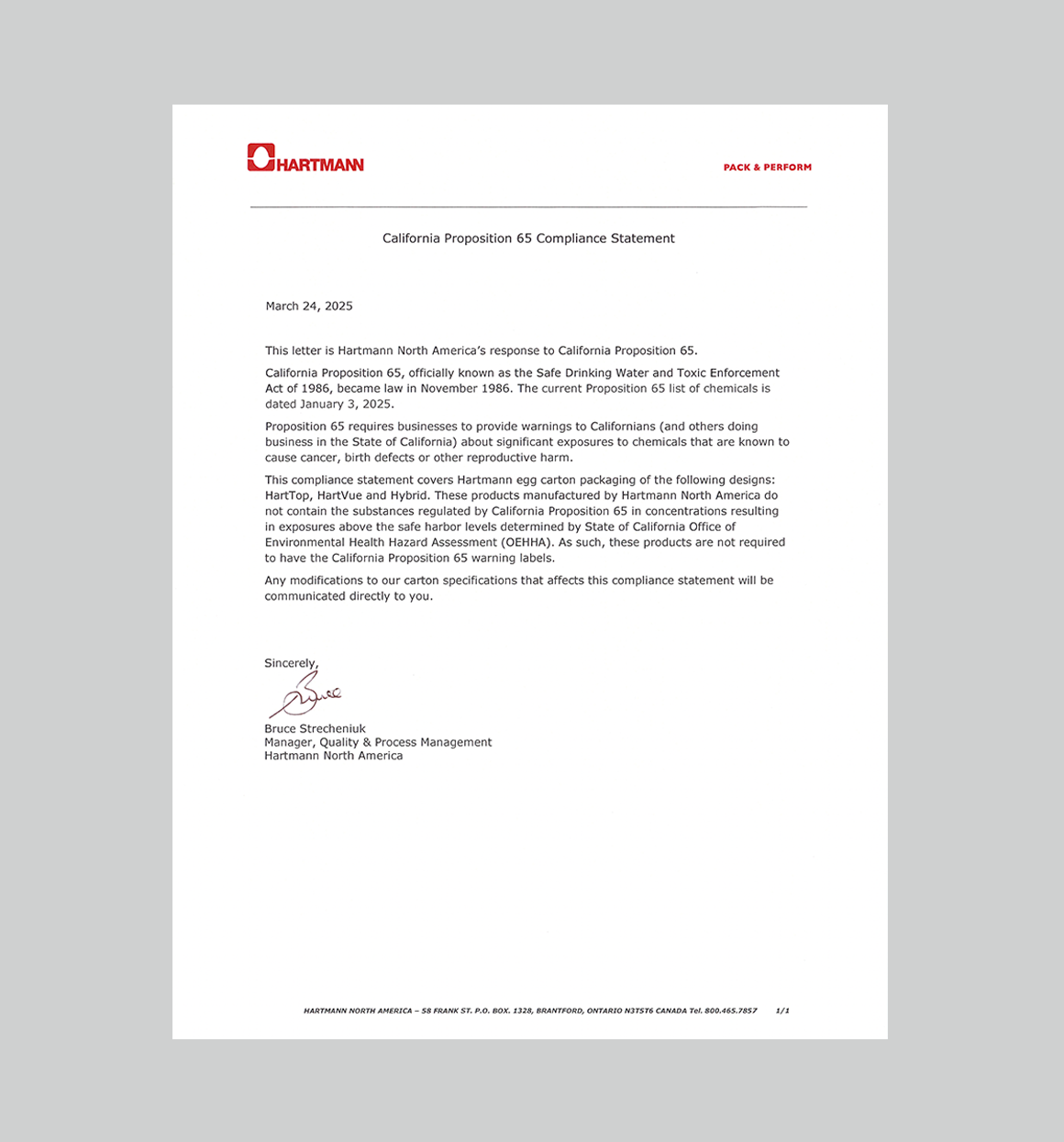 California Proposition 65 Compliance Statement (2025)